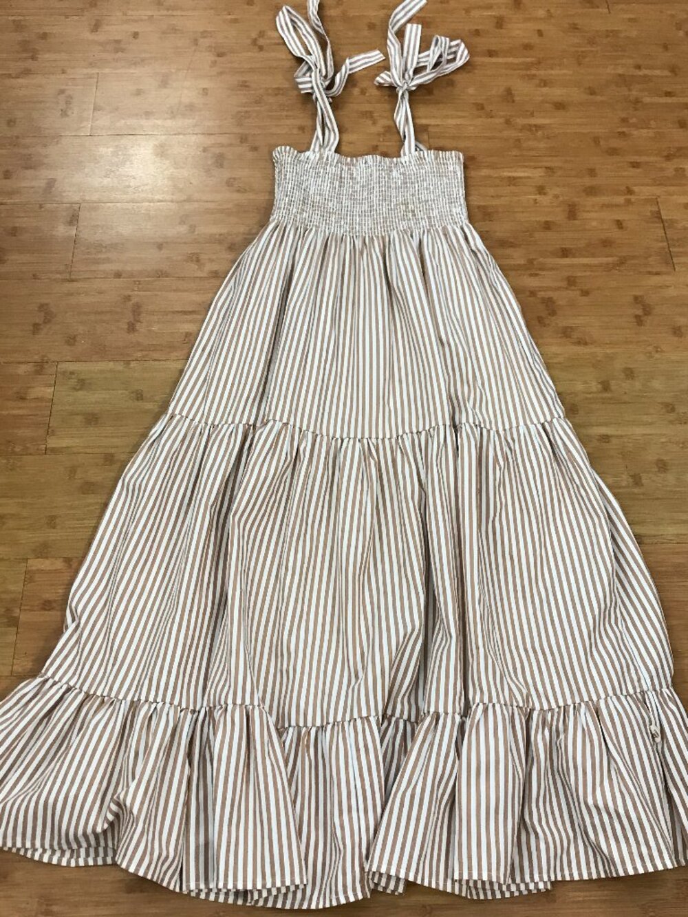 Araminta James Mimi Maxi Dress Women S Brown Striped Shoulder Tie Smocked 19434